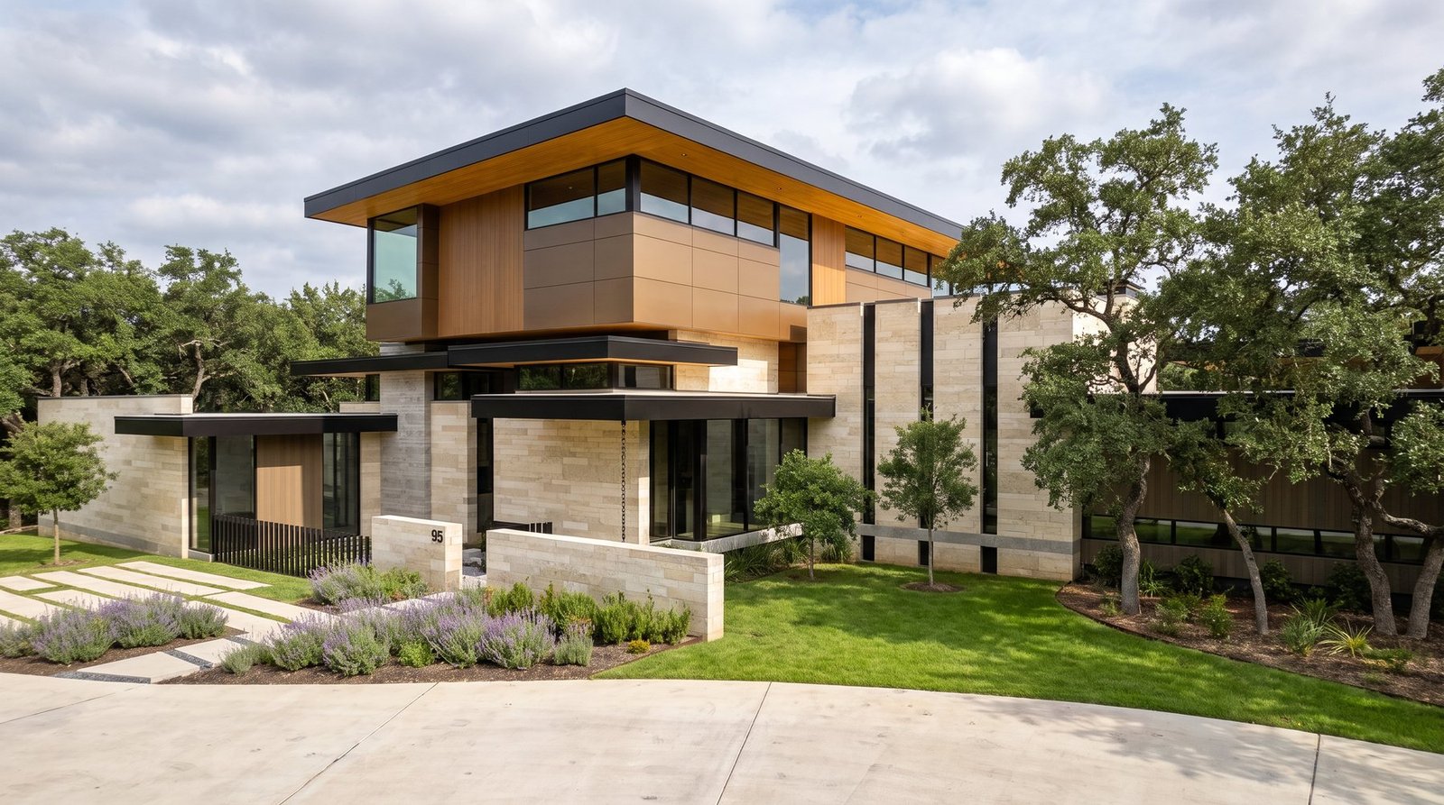 Contemporary limestone and timber residence, front three-quarter view