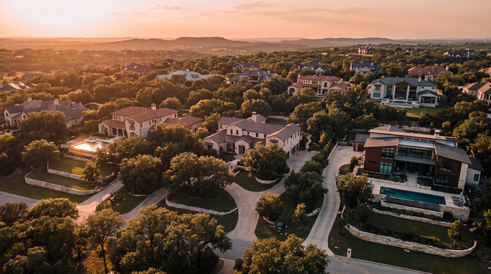Aerial view of a wooded Hill Country estate neighbourhood at golden hour