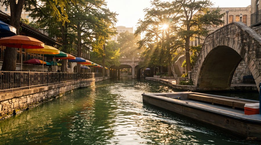 The San Antonio River Walk channel and stone arch bridge at golden hour