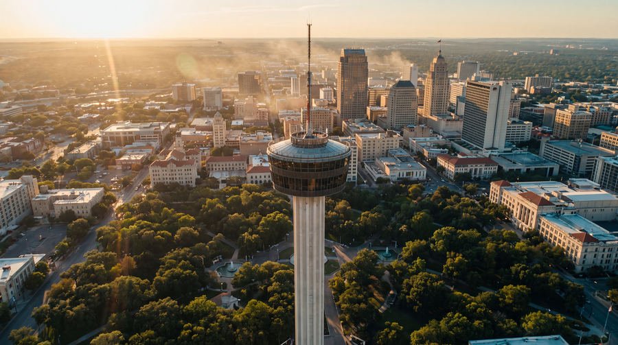 Tower of the Americas above downtown San Antonio at golden hour