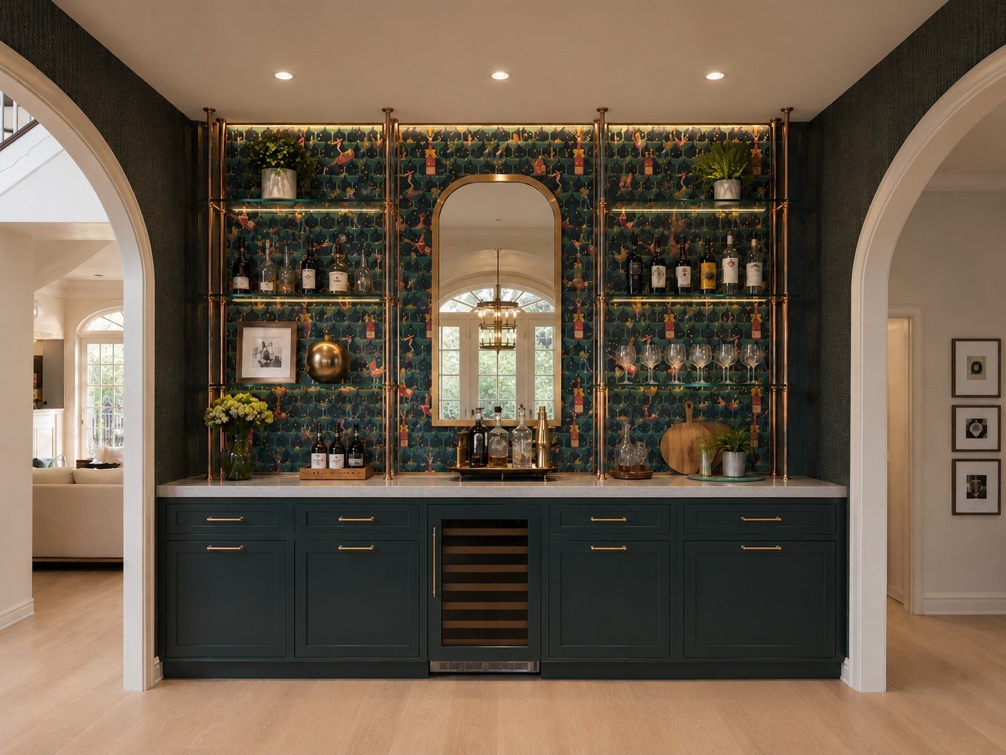 Walk-up bar, eclectic wallpaper
