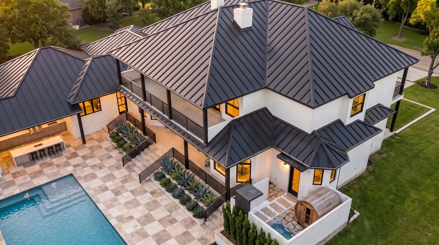 Pool deck in checkerboard travertine