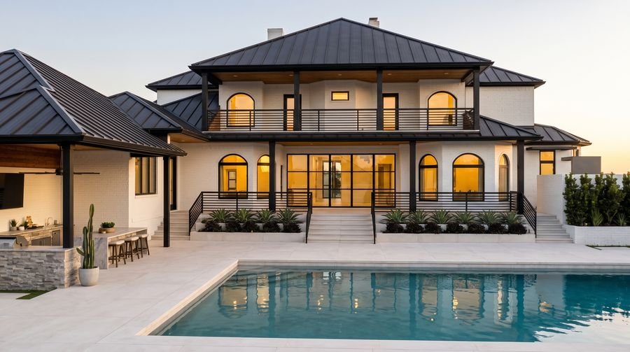 Rear elevation at dusk from across the pool