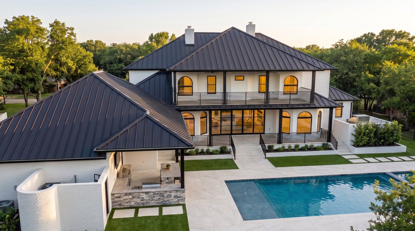 Wide rear view of the estate and pool at golden hour