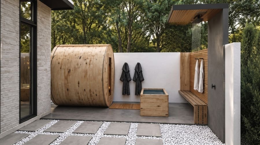 Wellness courtyard with barrel sauna and cold plunge