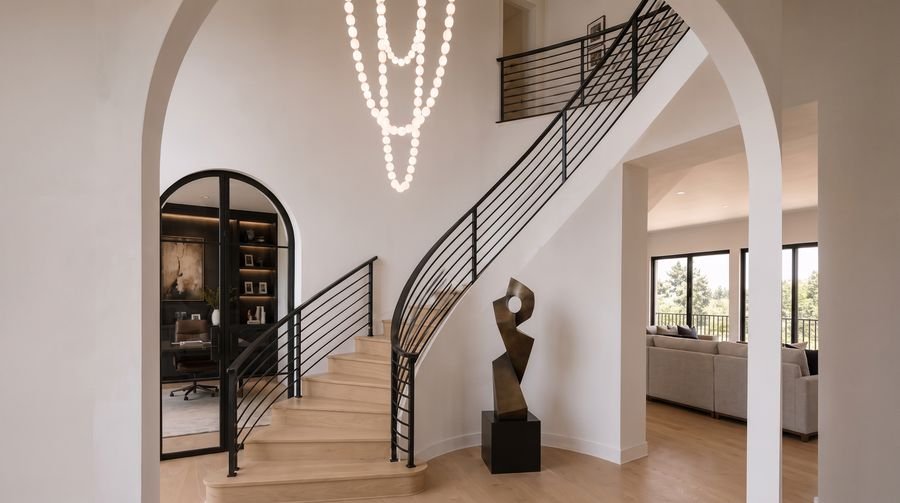 Stair detail with sculptural chandelier